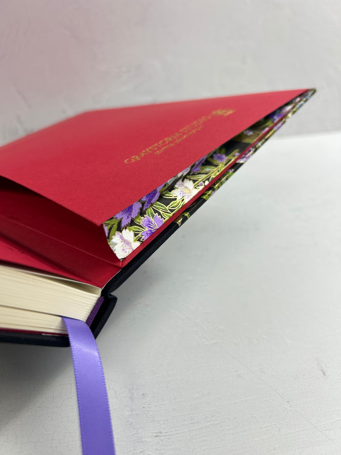 A5 160-page Hardcover Journal finished in black Japanese book cloth and purple wild flower Chiyogami paper