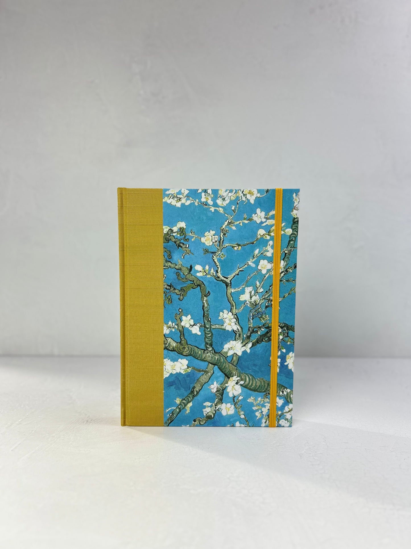 A5 Hardcover Notebook finished in Yellow Gold Japanese book cloth and Vincent Van Gogh Almond Blossoms