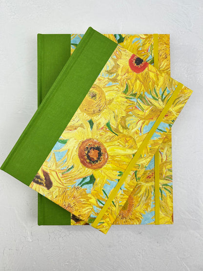 A5 160-page Hardcover Journal finished in Lemon Grass Green Verona book cloth and Sunflowers by Vincent Van Gogh