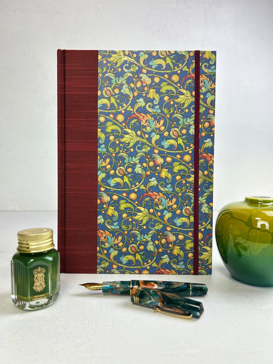 B5 192-page Hardcover Journal finished in Dark Red Japanese book cloth and Floral Italian Florentine Paper