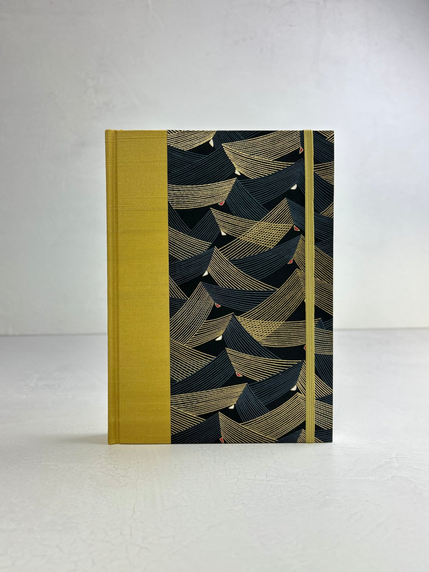 A5 160-page Hardcover Journal finished in Yellow Gold Japanese book cloth and Golden Peaks Chiyogami Decorative Paper