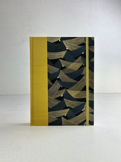A5 160-page Hardcover Journal finished in Yellow Gold Japanese book cloth and Golden Peaks Chiyogami Decorative Paper