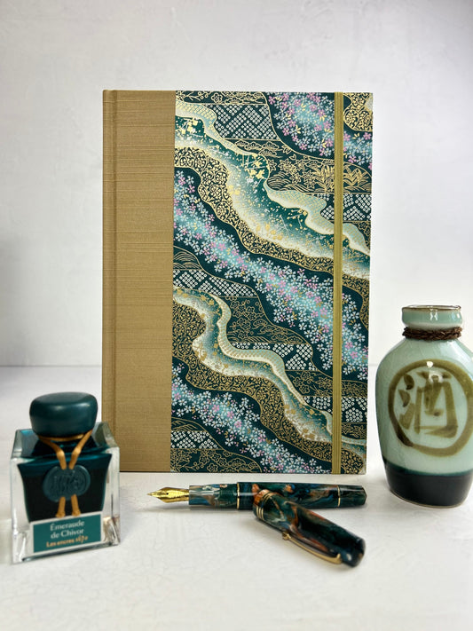 B5 192-page Hardcover Journal finished in Soft Gold Japanese book cloth and Floral Chiyogami Paper