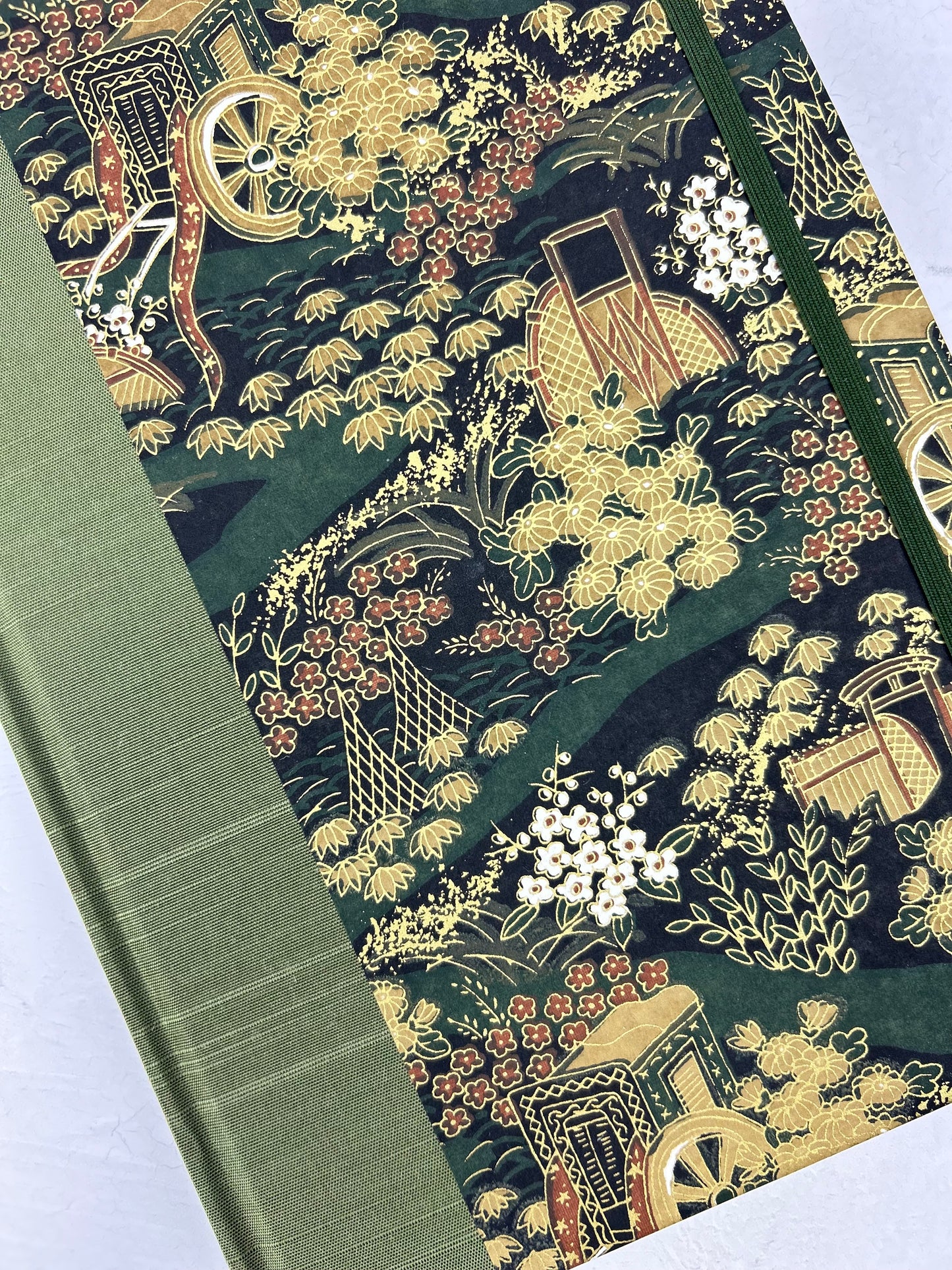 B5 Hardcover Notebook finished in Olive Green Japanese book cloth and Vintage Chiyogami Paper