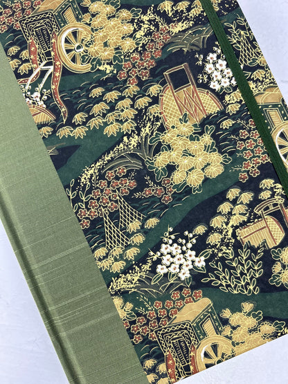 B5 Hardcover Notebook finished in Olive Green Japanese book cloth and Vintage Chiyogami Paper