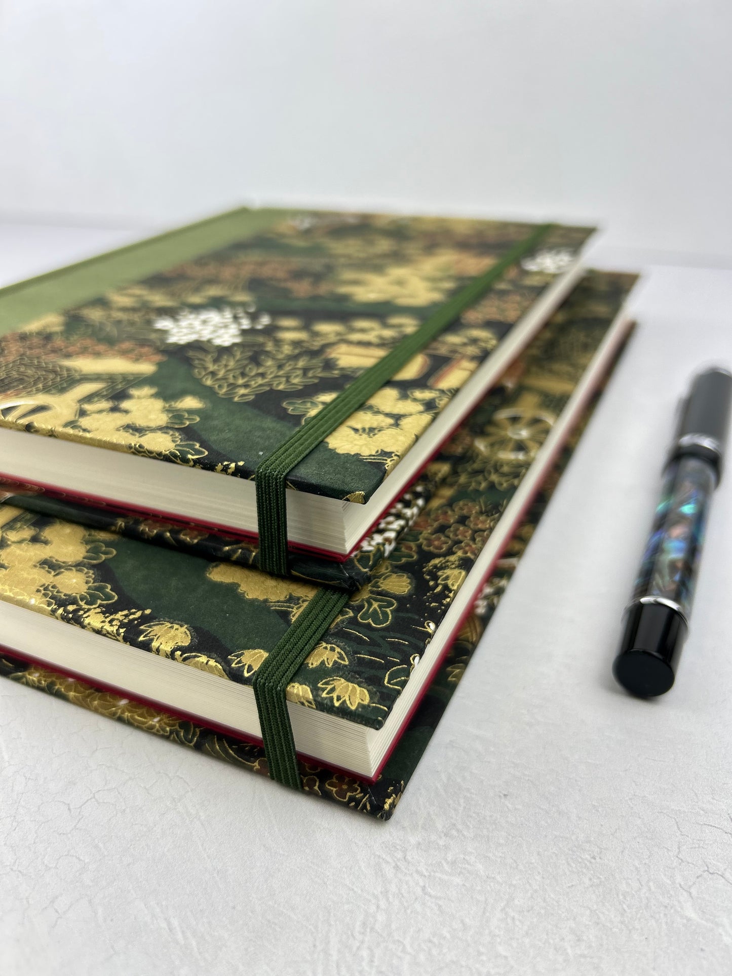 B5 Hardcover Notebook finished in Olive Green Japanese book cloth and Vintage Chiyogami Paper