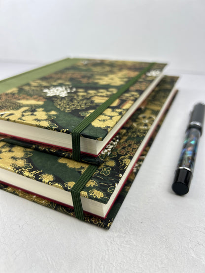 B5 Hardcover Notebook finished in Olive Green Japanese book cloth and Vintage Chiyogami Paper