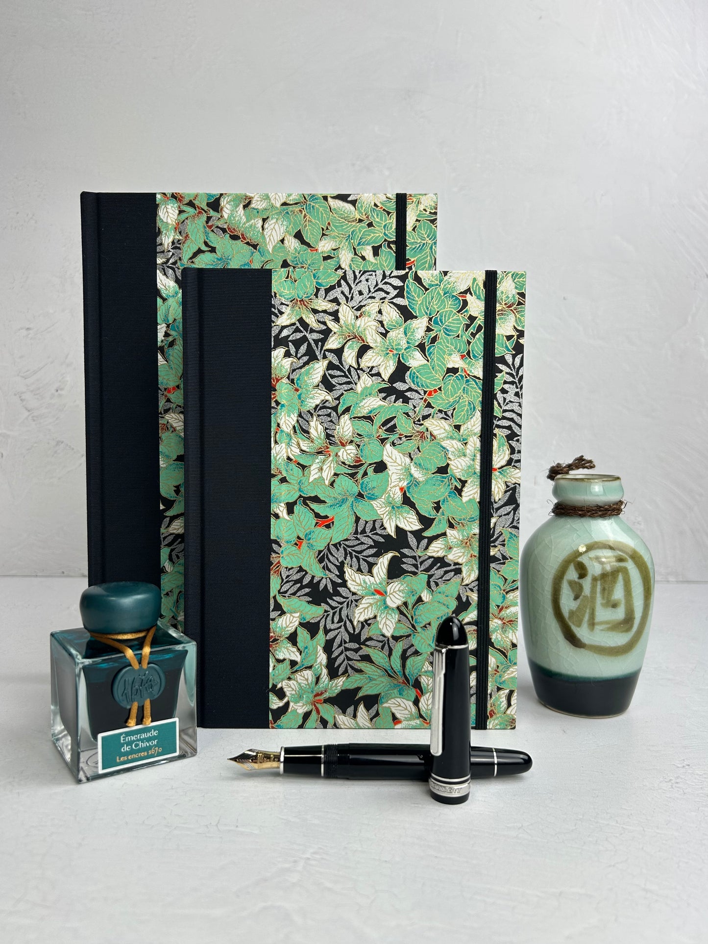 B5 192-page Hardcover Journal finished in black Japanese book cloth with green and silver botanical Chiyogami Paper