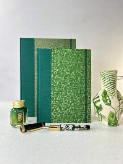(PRE-ORDER OCTOBER DELIVERY) A5 Hardcover Notebook with Golden Polka Dots on Green Chiyogami Paper