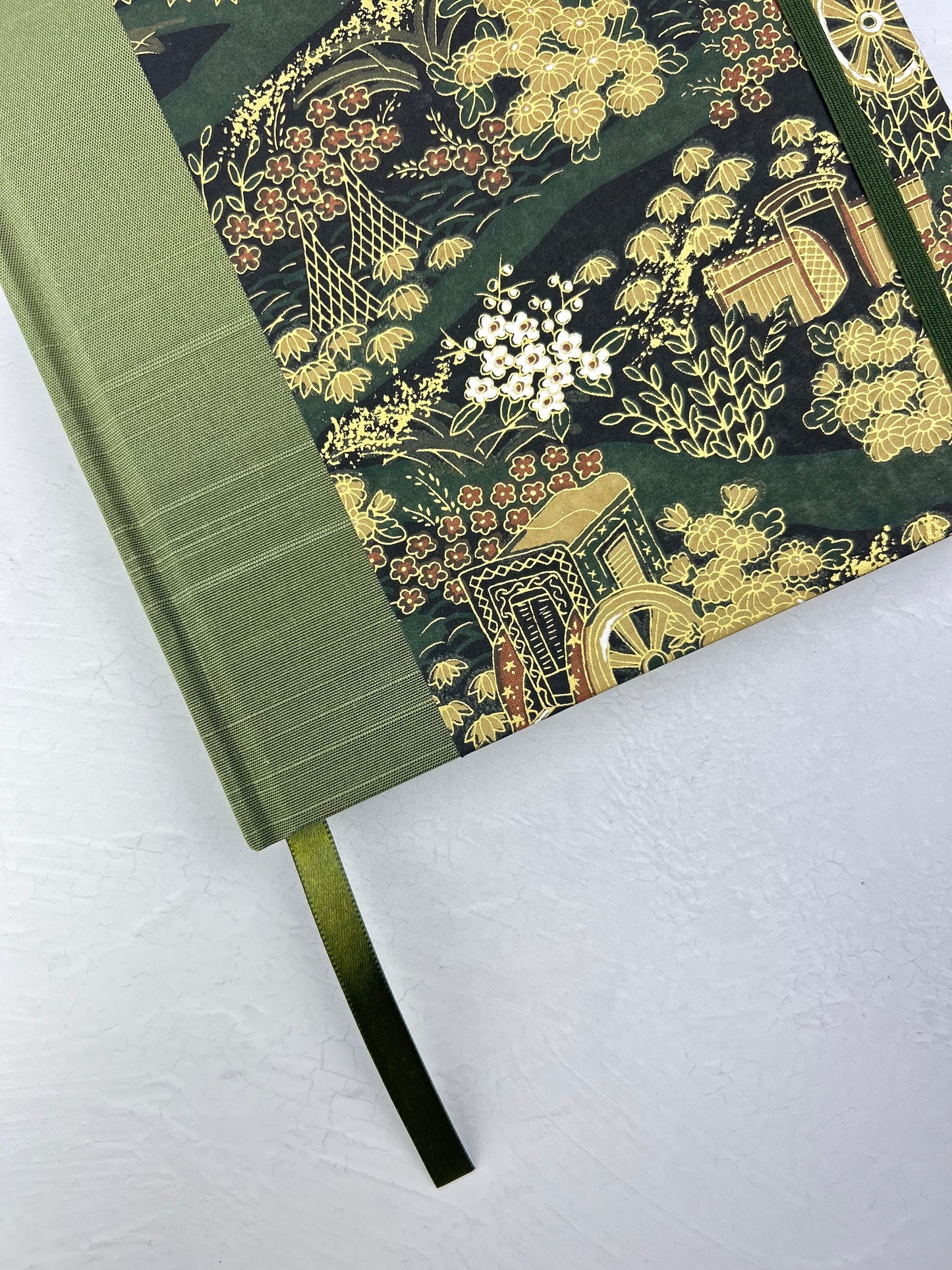 B5 Hardcover Notebook finished in Olive Green Japanese book cloth and Vintage Chiyogami Paper