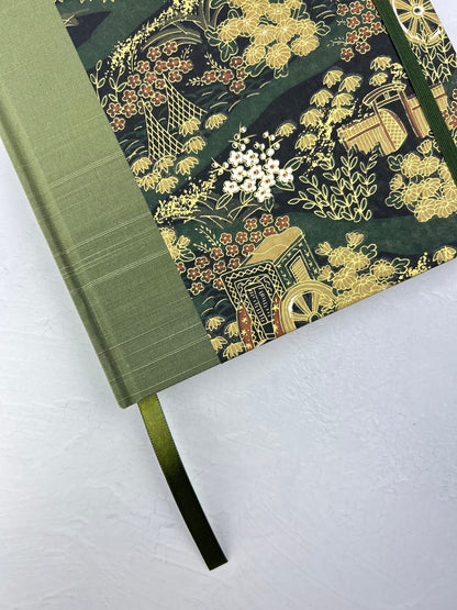 B5 Hardcover Notebook finished in Olive Green Japanese book cloth and Vintage Chiyogami Paper