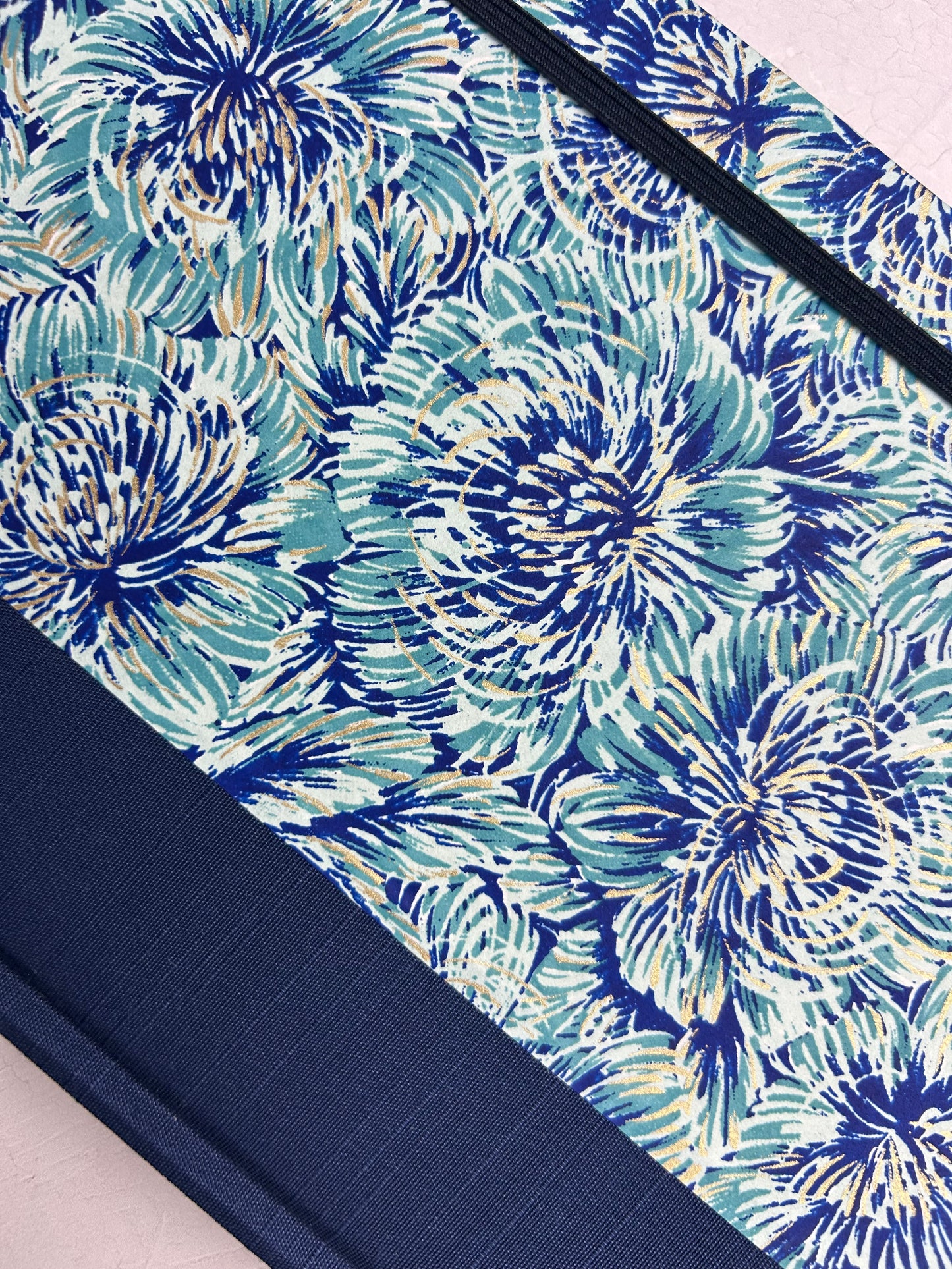 B5 192-page Hardcover Journal finished in cadette blue Japanese book cloth and blue Peonies Chiyogami Paper