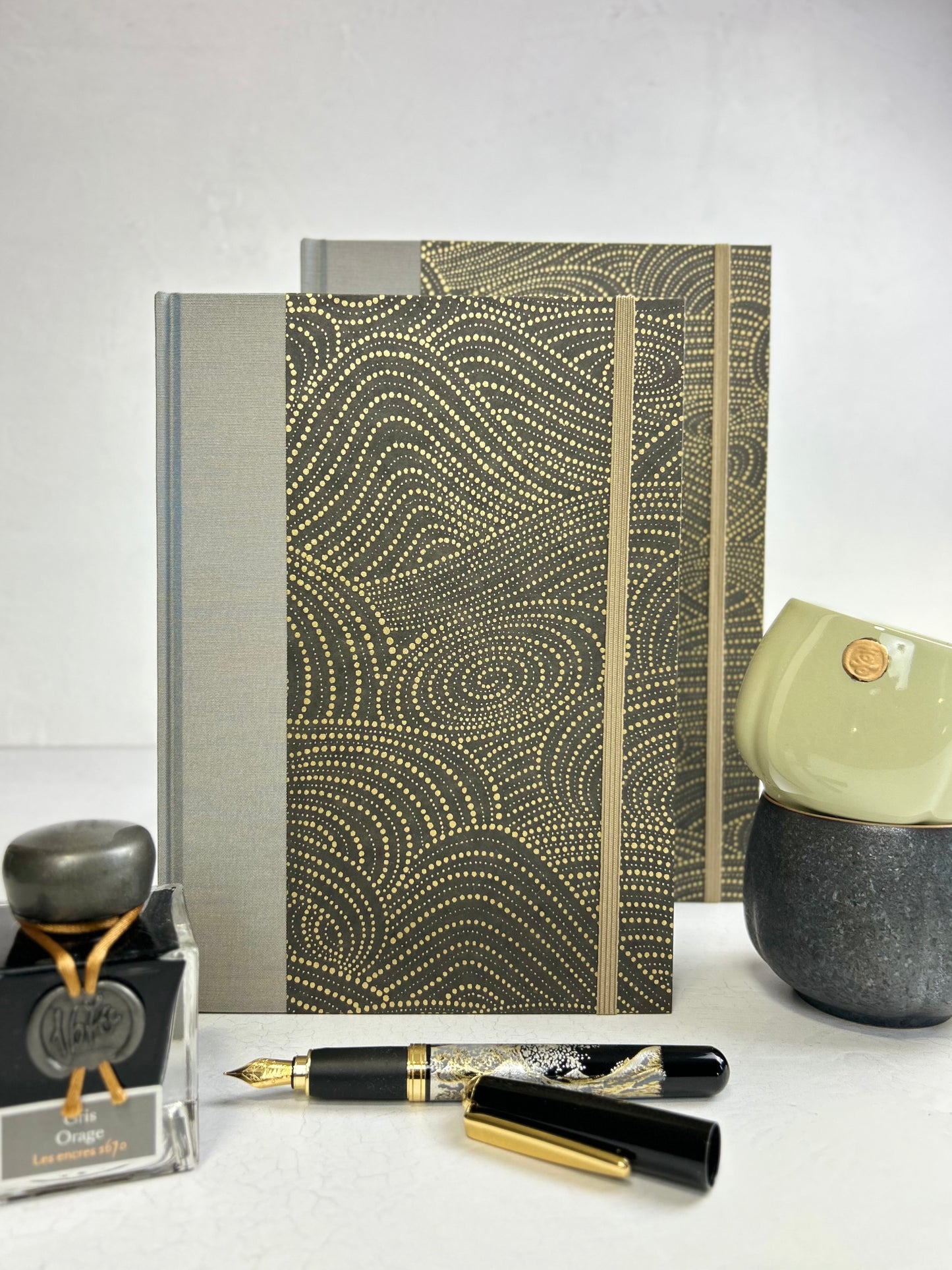 A5 160-page Hardcover Journal finished in Blue Gold Japanese book cloth and Gold on Bronze Chiyogami Decorative Paper