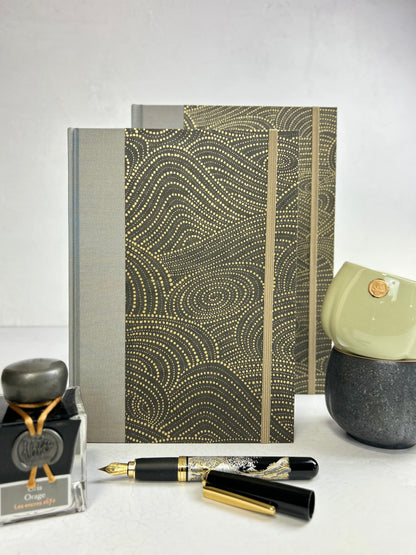 A5 160-page Hardcover Journal finished in Blue Gold Japanese book cloth and Gold on Bronze Chiyogami Decorative Paper
