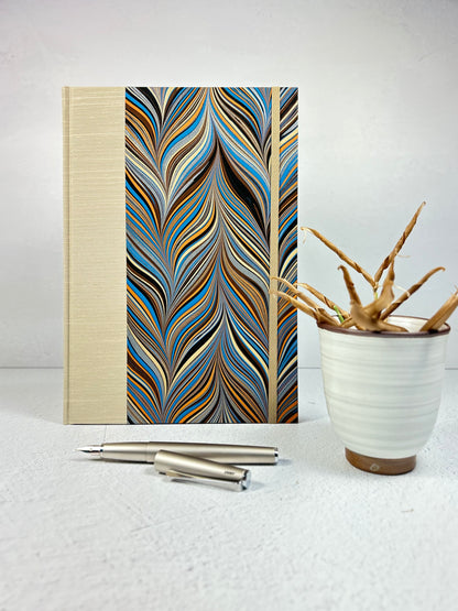 B5 Hardcover Notebook finished in Platinum Japanese book cloth and featuring Renato Crepaldi hand-marbled decorative paper