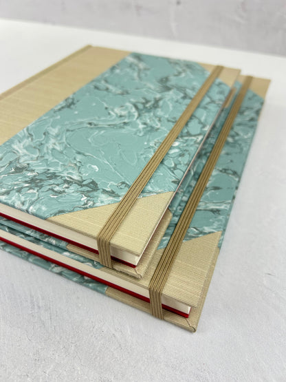 A5 160-page Hardcover Journal finished in Platinum Japanese book cloth and light blue French Marble Paper