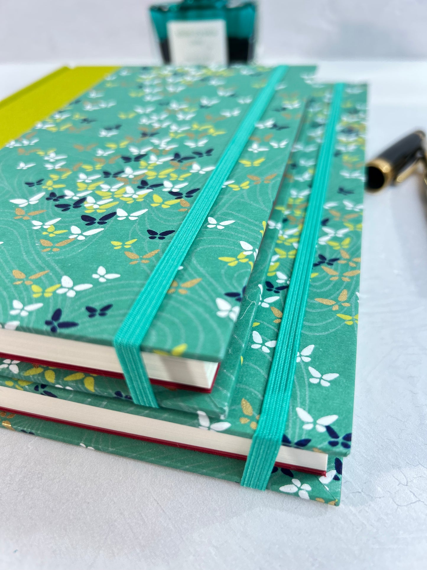A5 160-page Hardcover Journal finished in Lemongrass Verona book cloth and Butterfly Chiyogami Paper