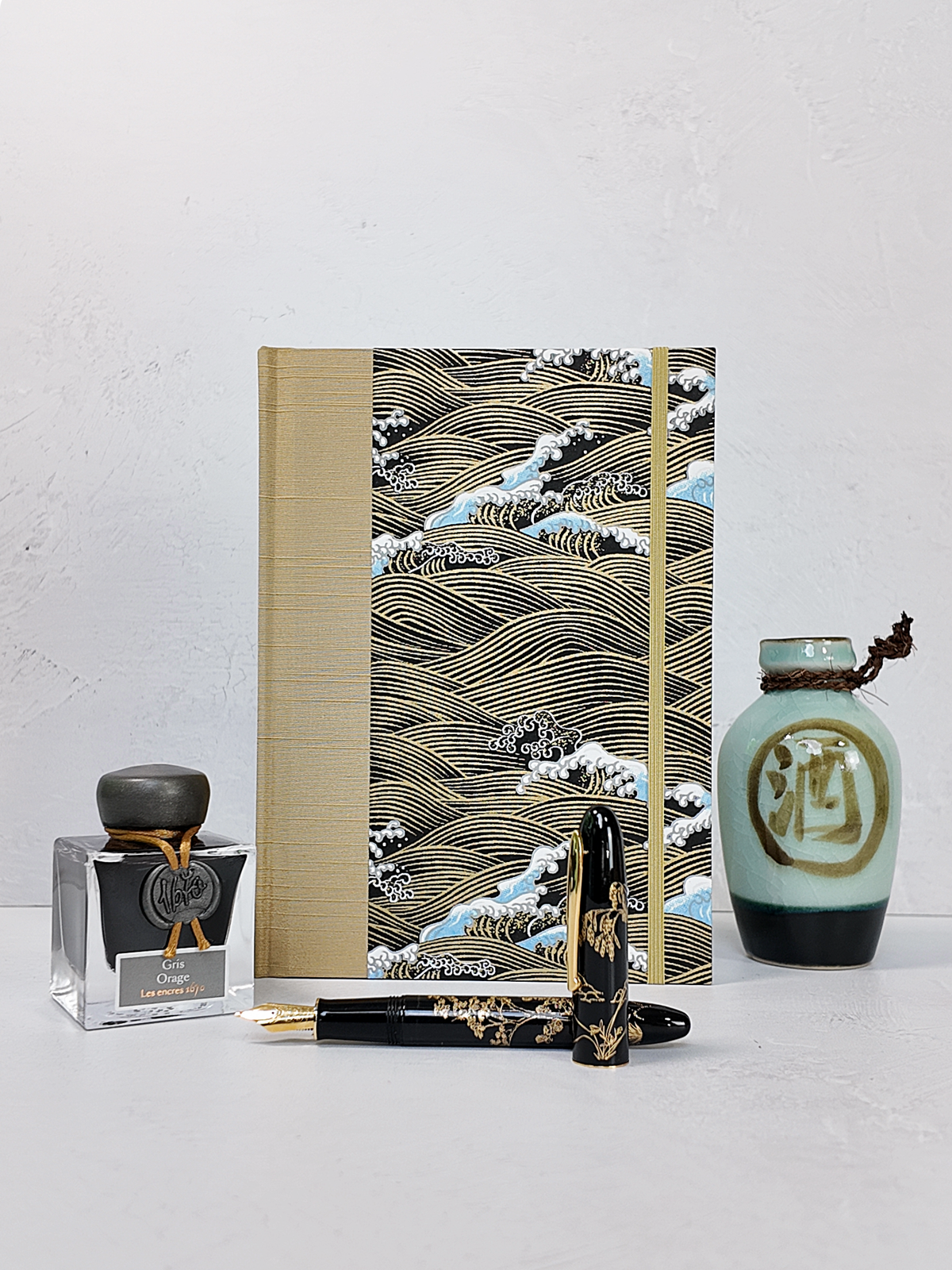 PRE-ORDER NEW A5 160-page Hardcover Journal finished in Soft Gold and Gold and Blue Waves Chiyogami Paper