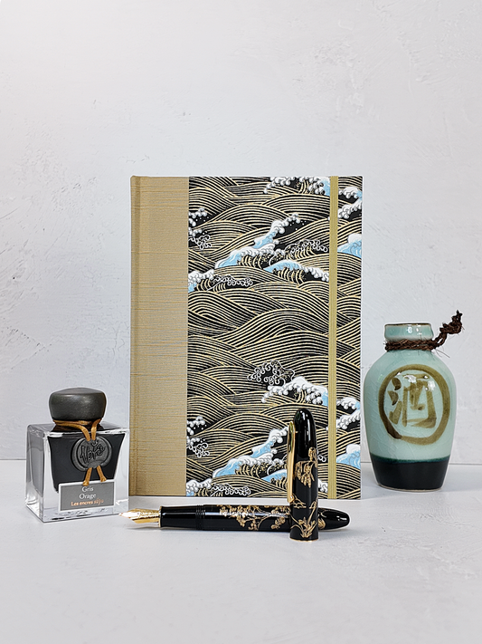 PRE-ORDER NEW A5 160-page Hardcover Journal finished in Soft Gold and Gold and Blue Waves Chiyogami Paper