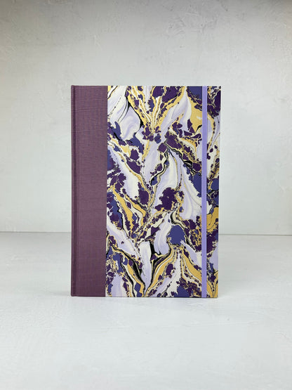 B5 192-page Hardcover Journal finished in plum Japanese book cloth and hand marbled paper by Renato Crepaldi