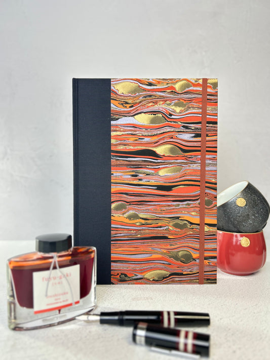 B5 Hardcover Notebook finished in Black Japanese book cloth and Renato Crepaldi hand marbled paper