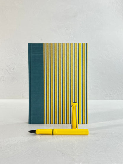 A5 160-page Hardcover Journal finished in Marine Blue Japanese book cloth and pinstripe Chiyogami Paper