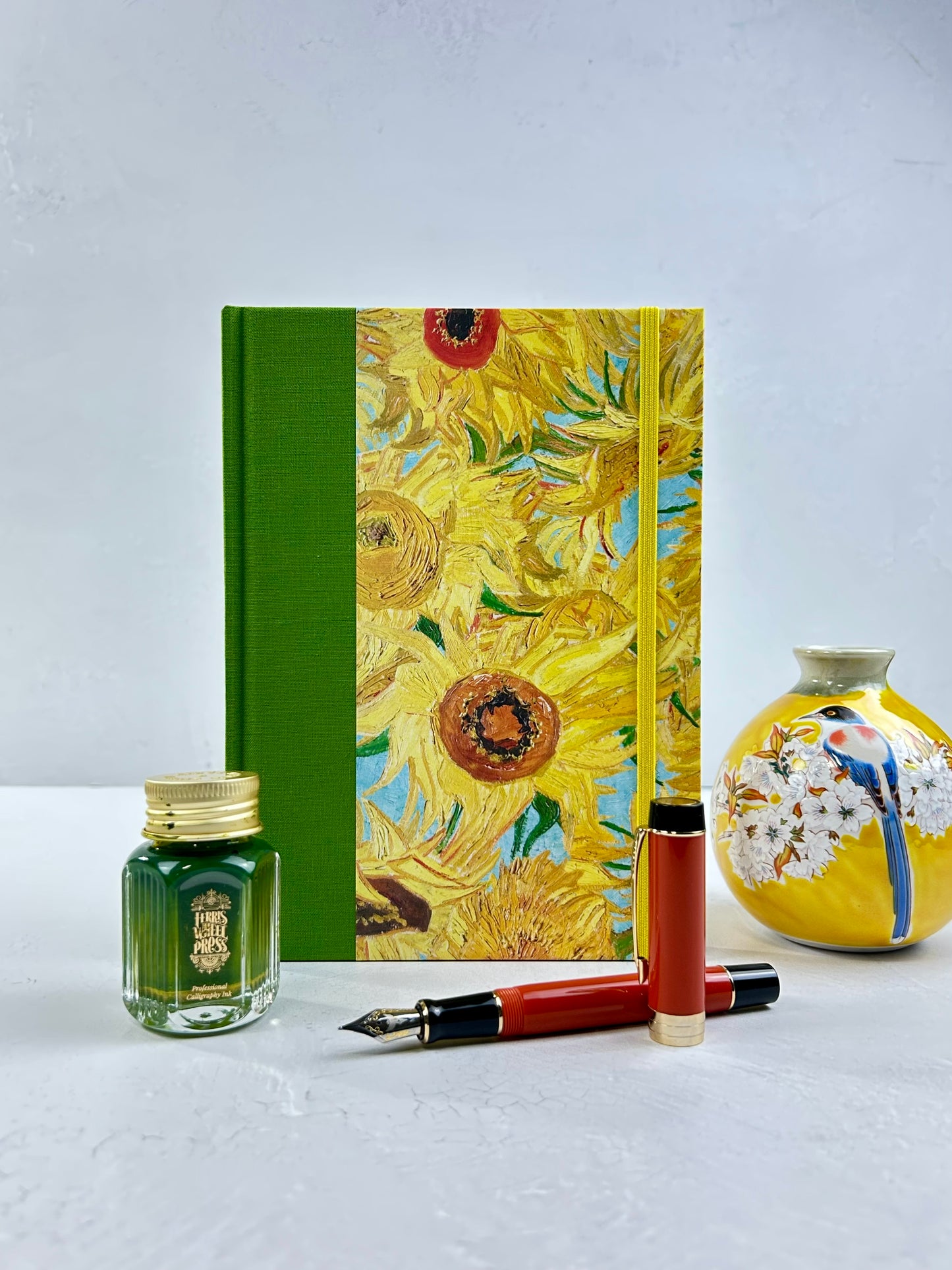 A5 160-page Hardcover Journal finished in Lemon Grass Green Verona book cloth and Sunflowers by Vincent Van Gogh