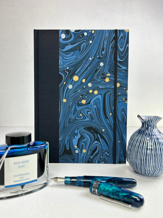 B5 192-page Hardcover Journal finished in Black Japanese book cloth and Renato Crepaldi hand marbled decorative paper