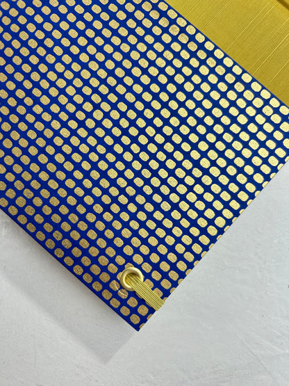 A5 160-page Hardcover Journal finished in Yellow Gold Japanese book cloth and blue and gold Chiyogami Paper