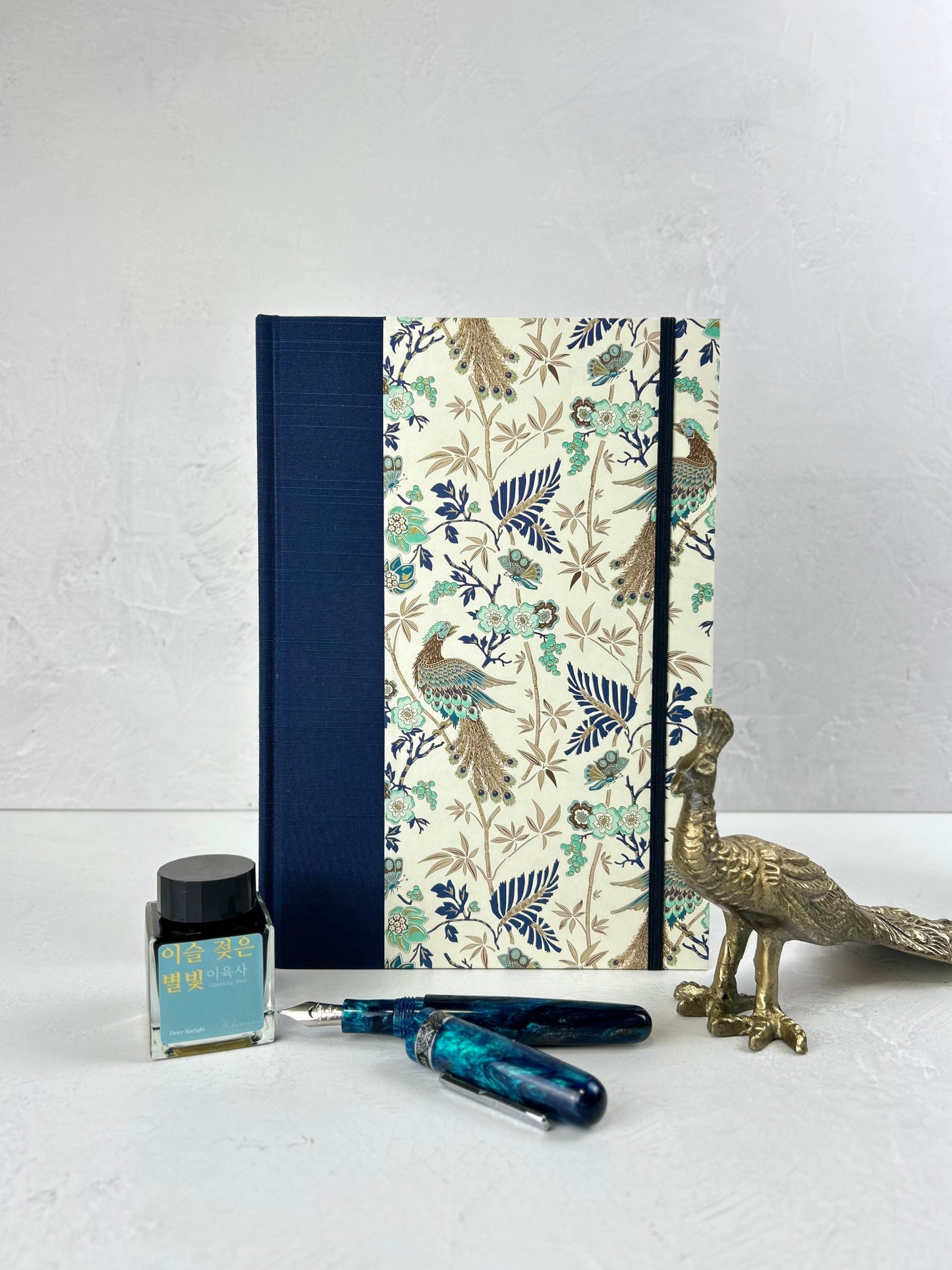 B5 Hardcover Notebook finished in Cadette Blue Japanese book cloth and Gold Peacock Italian Print