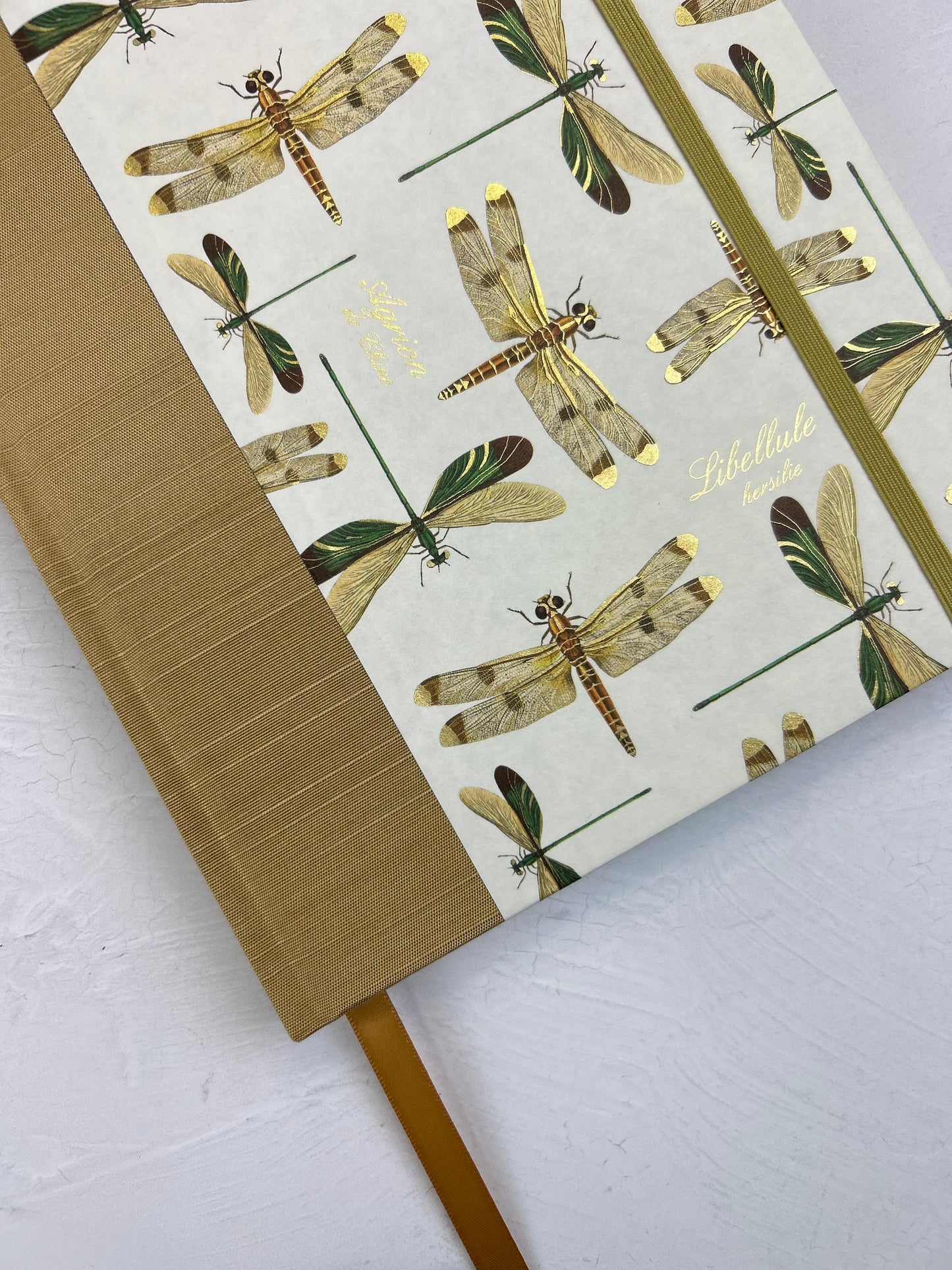A5 160-page Hardcover Journal finished in Soft Gold Japanese book cloth and Dragonfly Florentine Italian Paper