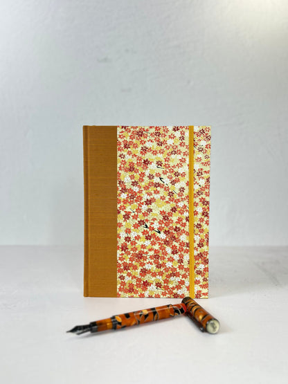 NEW A5 Hardcover Notebook finished in Ochre Japanese book cloth and Fall leaves Chiyogami Paper