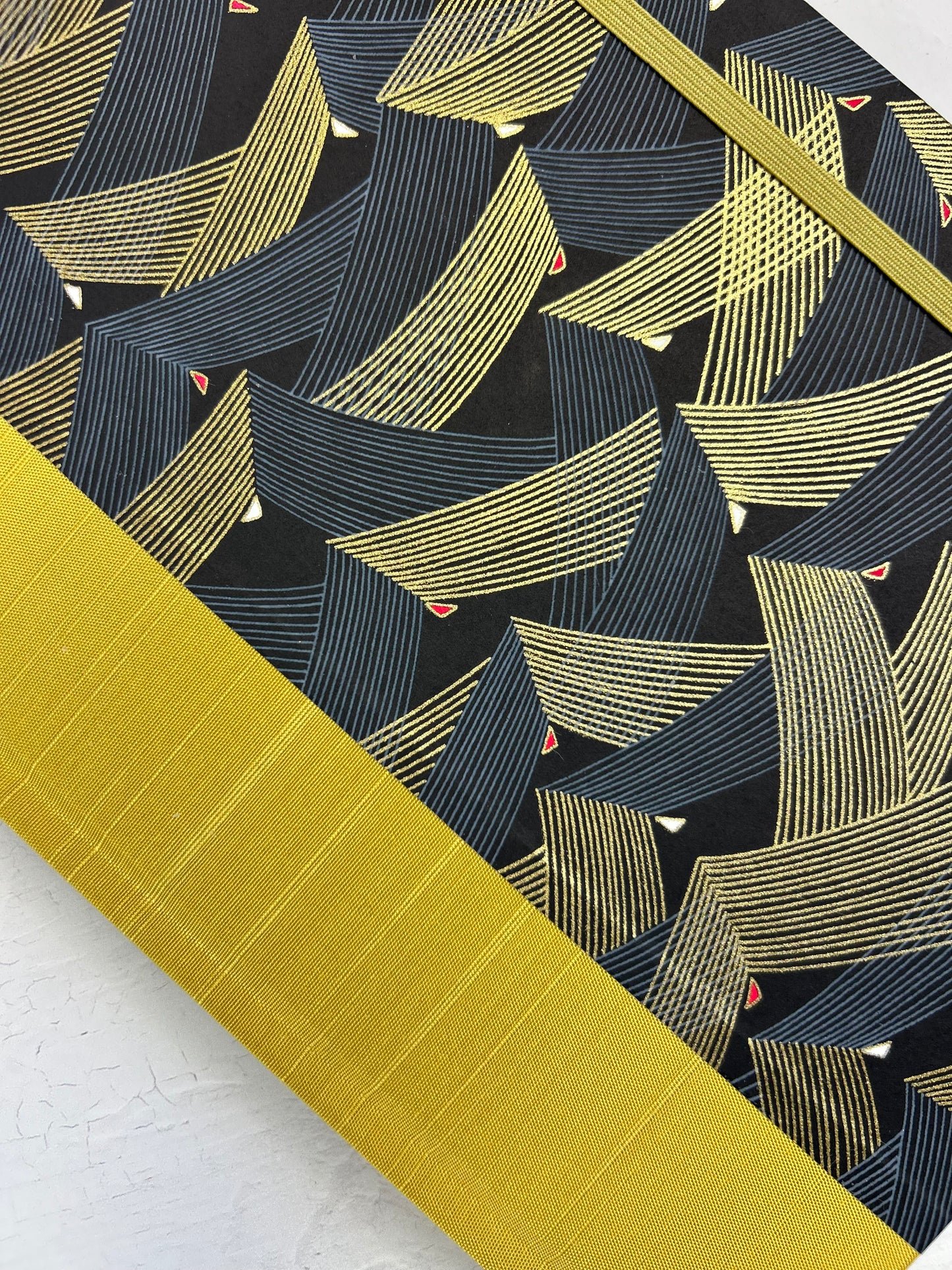 A5 160-page Hardcover Journal finished in Yellow Gold Japanese book cloth and Golden Peaks Chiyogami Decorative Paper