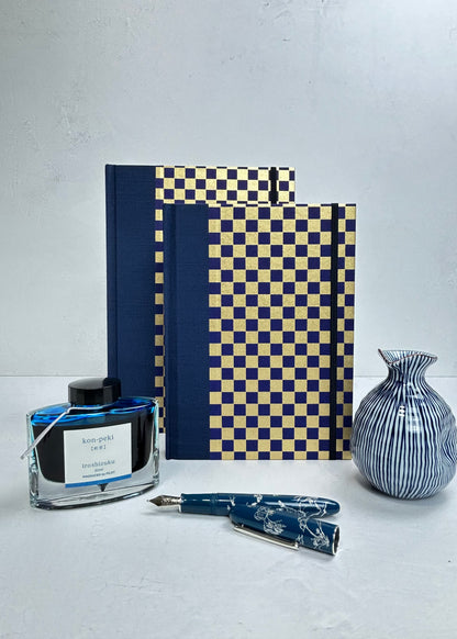 A5 160-page Hardcover Journal finished in Cadet Blue Japanese book cloth and Checkered Chiyogami Paper