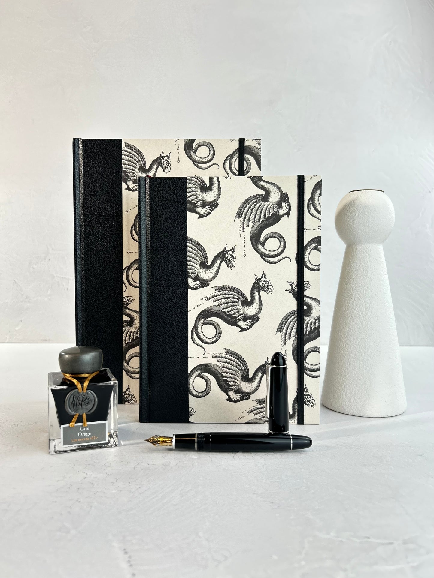 A5 160-page Hardcover Journal finished in Black Vaux Leather and Italian Letterpress dragon design