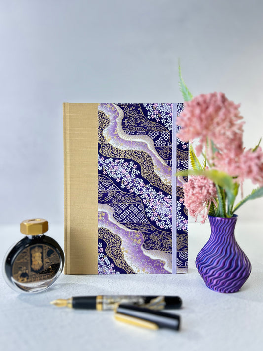 A5 Hardcover Notebook finished in Soft Gold Japanese book cloth and Imperial Purple and Gold Chiyogami