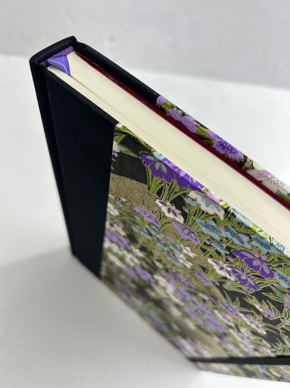 A5 160-page Hardcover Journal finished in black Japanese book cloth and purple wild flower Chiyogami paper