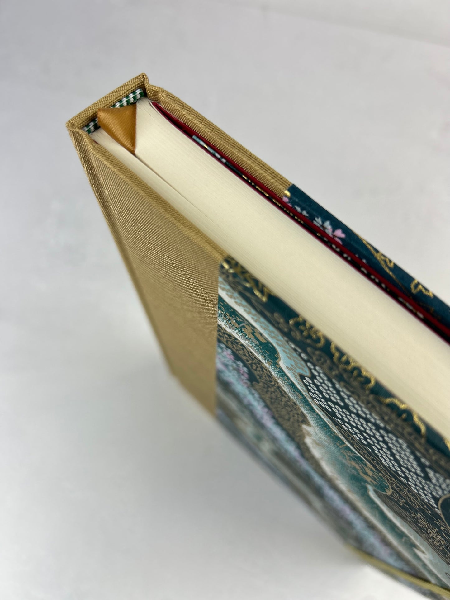 A5 160-page Hardcover Journal finished in Soft Gold Japanese book cloth and Floral Chiyogami Paper