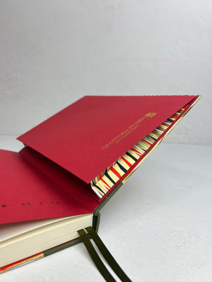 A5 160-page Hardcover Journal finished in olive green Japanese book cloth and gold, black and red geometric Chiyogami Paper