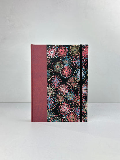 (JANUARY 2026 DELIVERY) A5 Hardcover Notebook finished in Rust Blue Japanese book cloth and Chiyogami Fireworks on Black