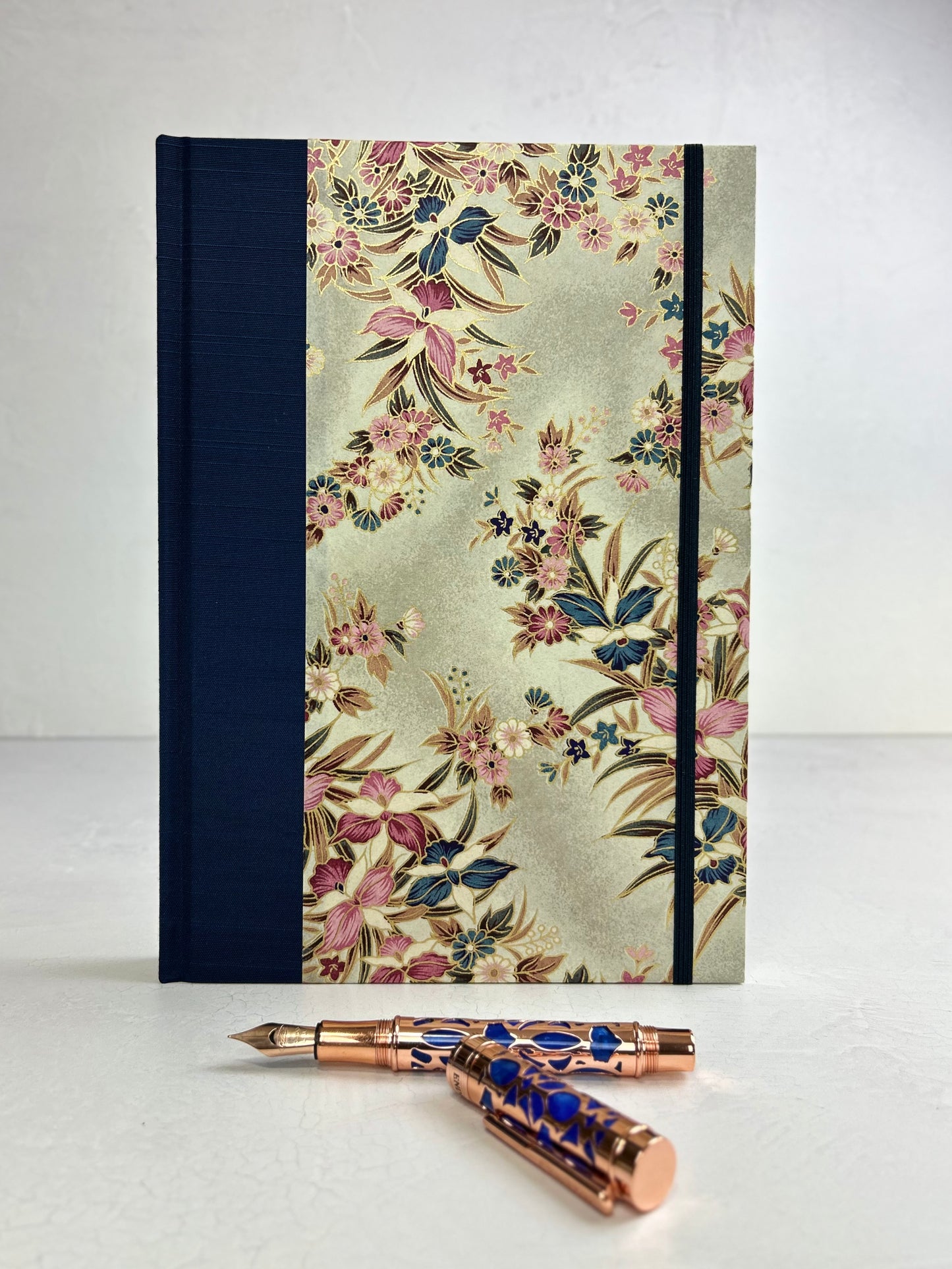 B5 192-page Hardcover Journal finished in Cadet Blue Japanese book cloth and Vintage Orchid Chiyogami Paper