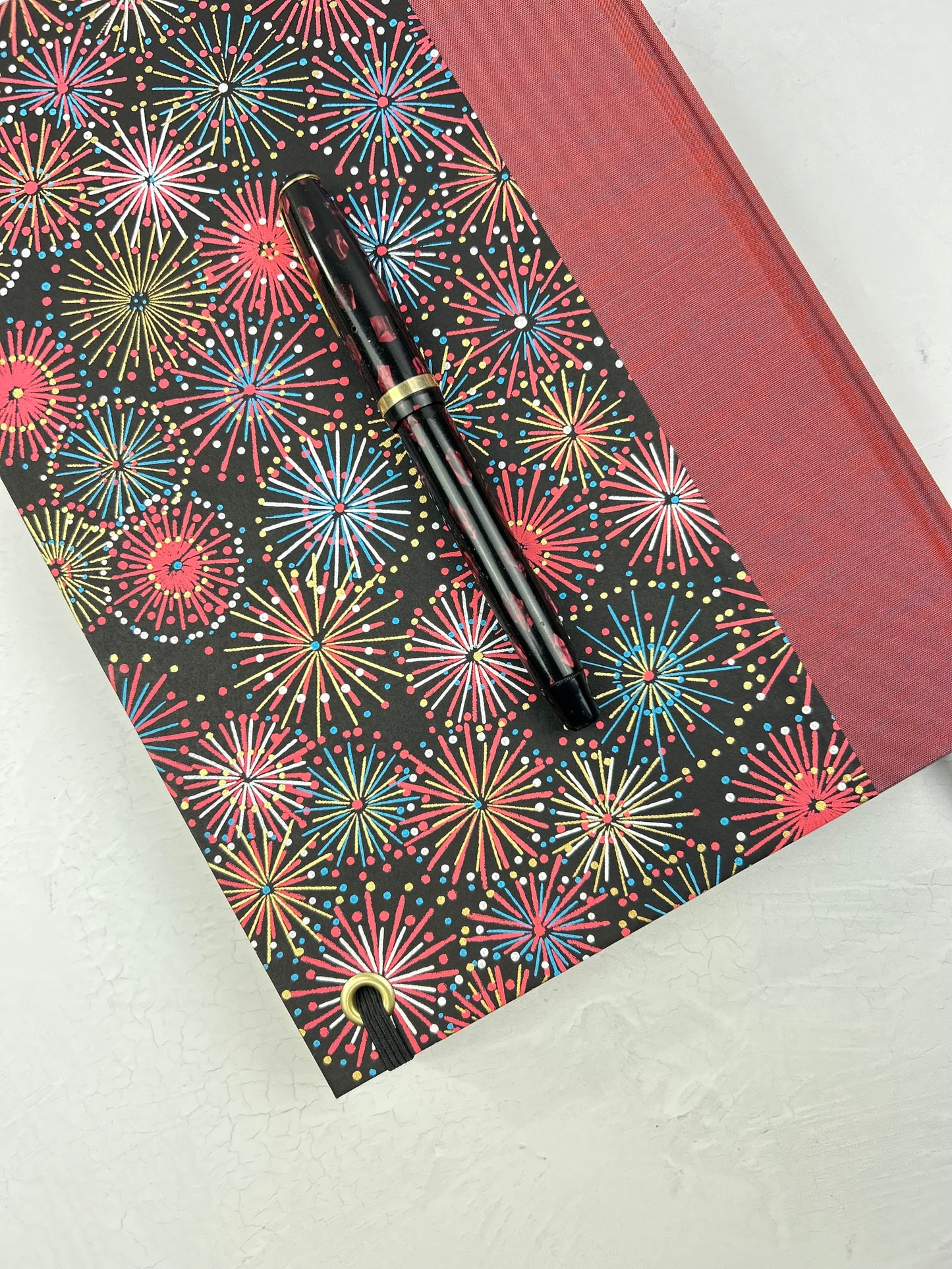 (JANUARY 2026 DELIVERY) B5 Hardcover Notebook finished in Rust Blue Japanese book cloth and Chiyogami Fireworks on Black