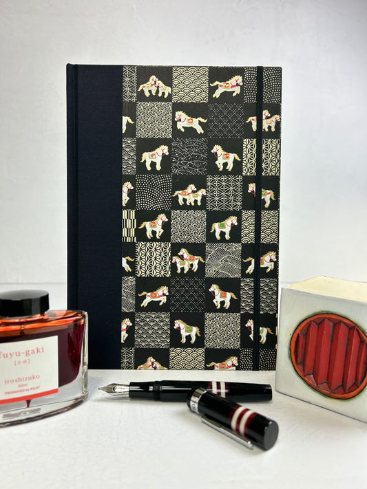 B5 192-page Hardcover Journal finished in Black Japanese book cloth and White Horse Chiyogami Paper