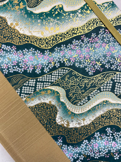A5 160-page Hardcover Journal finished in Soft Gold Japanese book cloth and Floral Chiyogami Paper