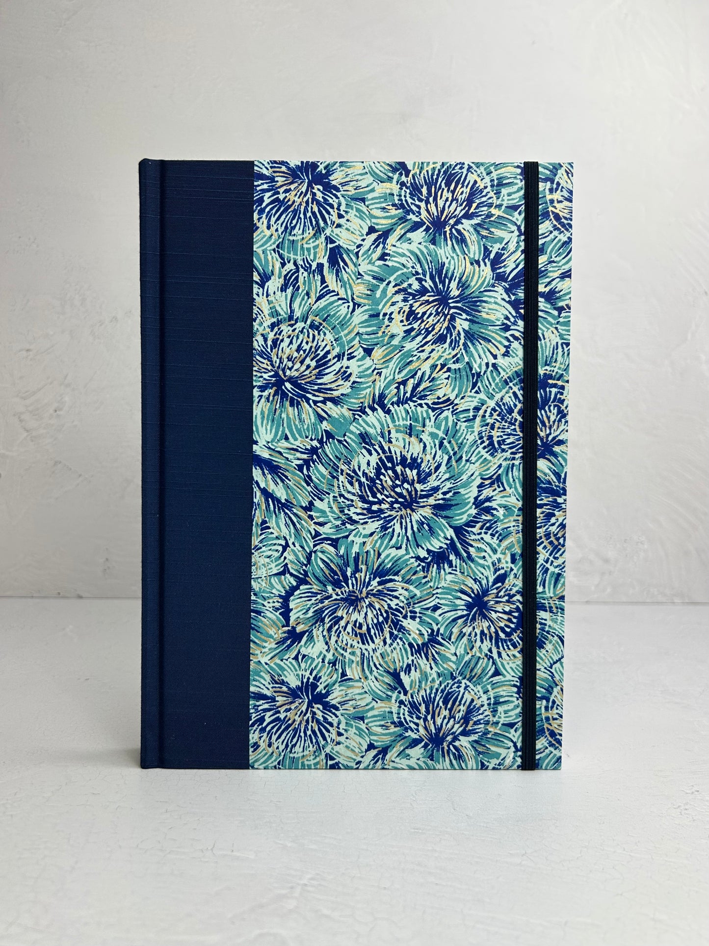 B5 192-page Hardcover Journal finished in cadette blue Japanese book cloth and blue Peonies Chiyogami Paper