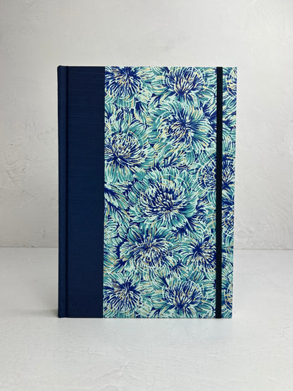 B5 192-page Hardcover Journal finished in cadette blue Japanese book cloth and blue Peonies Chiyogami Paper