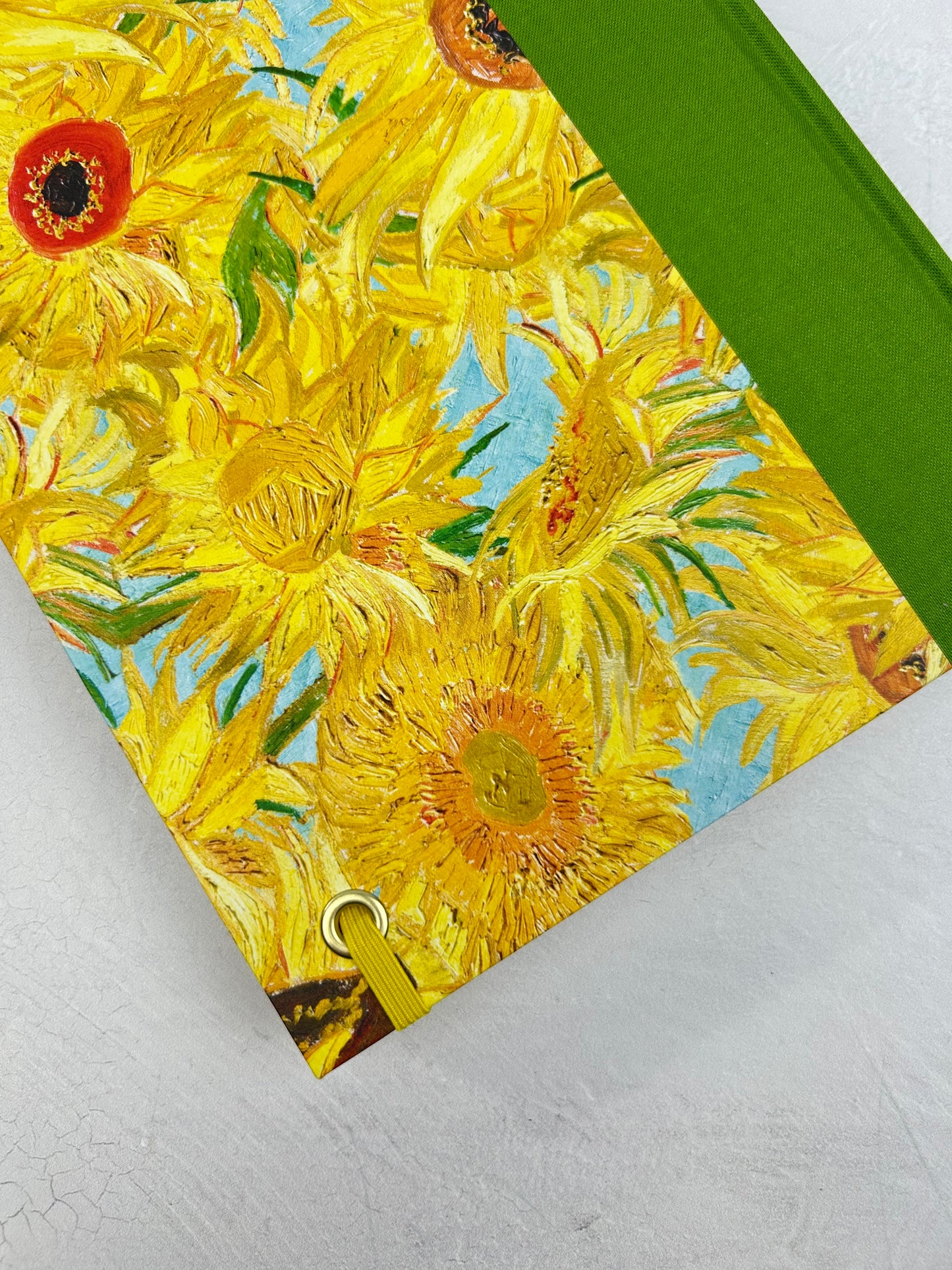 A5 160-page Hardcover Journal finished in Lemon Grass Green Verona book cloth and Sunflowers by Vincent Van Gogh
