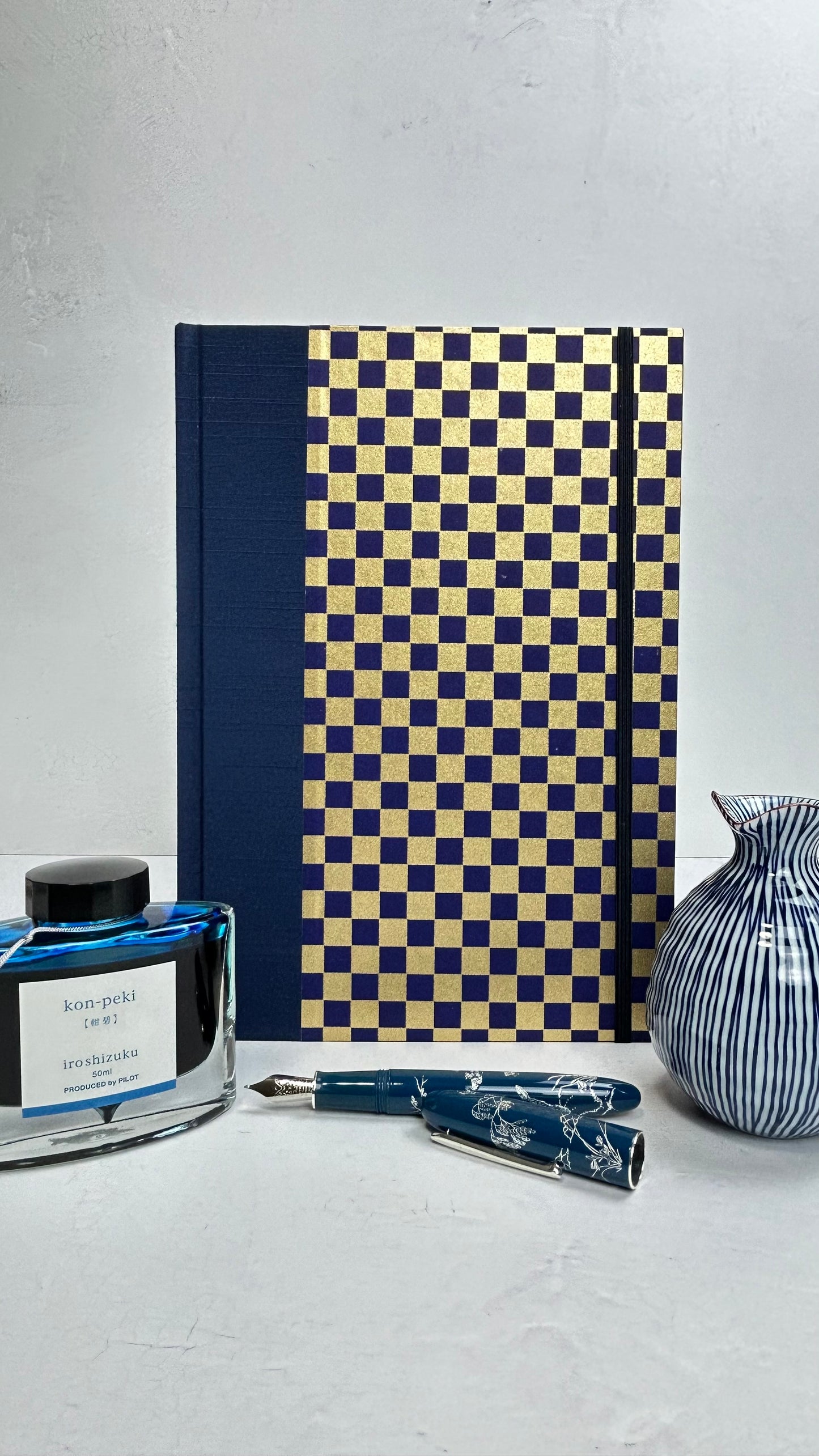 B5 192-page Hardcover Journal finished in Cadet Blue Japanese book cloth and Checkered Chiyogami Paper