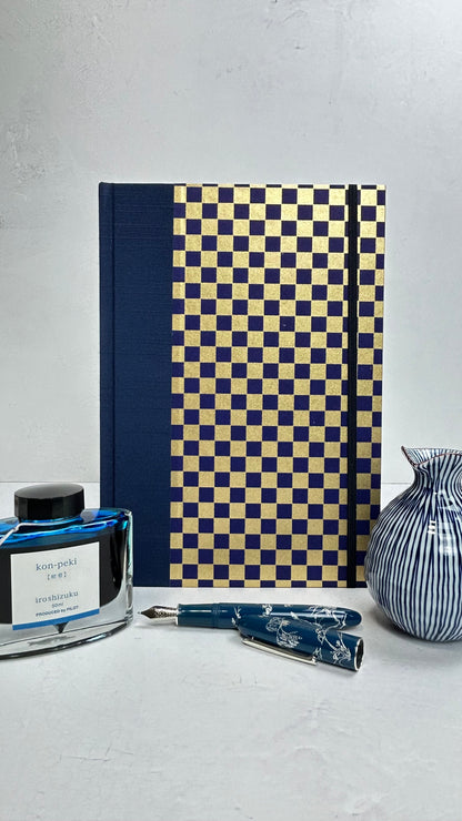 B5 192-page Hardcover Journal finished in Cadet Blue Japanese book cloth and Checkered Chiyogami Paper