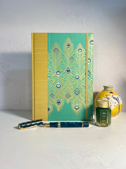 B5 Hardcover Notebook finished in Yellow Gold Japanese Book cloth and Matthew Williamson Peacock print